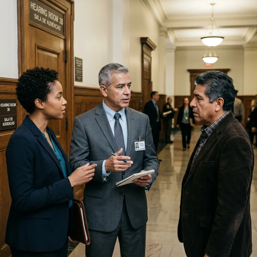 Court-certified Spanish legal interpreter preparing for deposition, immigration court, and trial proceedings