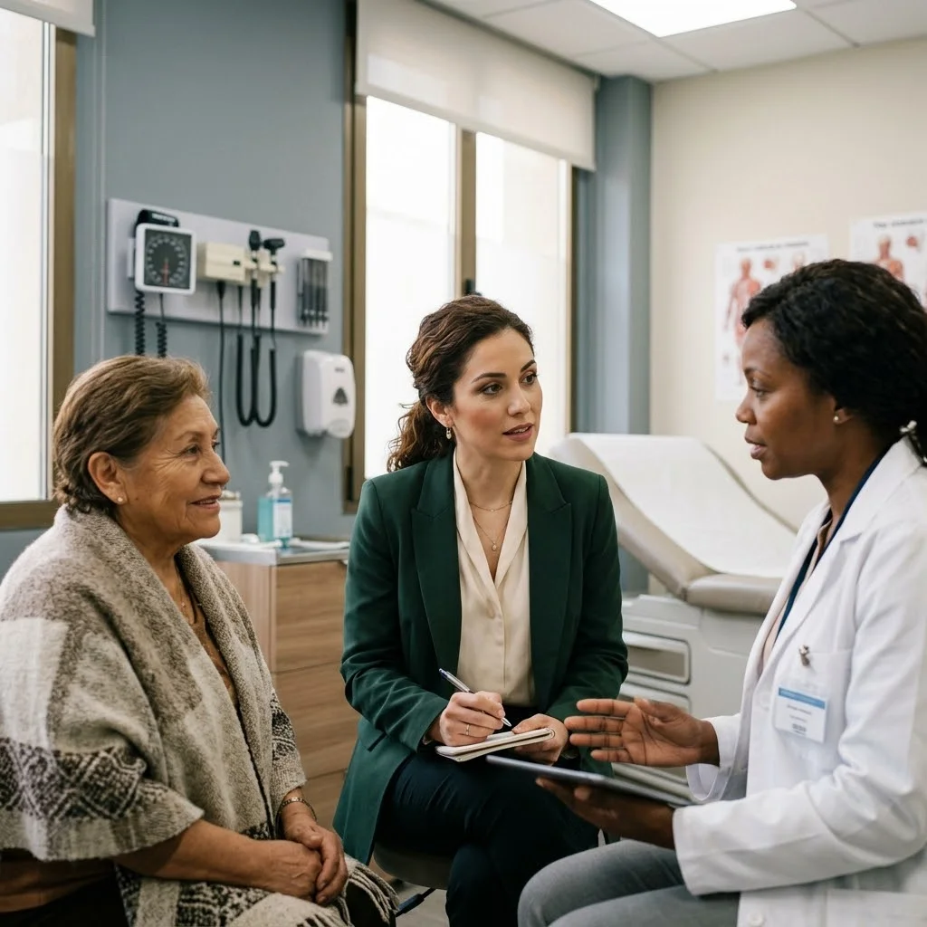 HIPAA-compliant Spanish medical interpreter supporting patient consultation in hospital setting