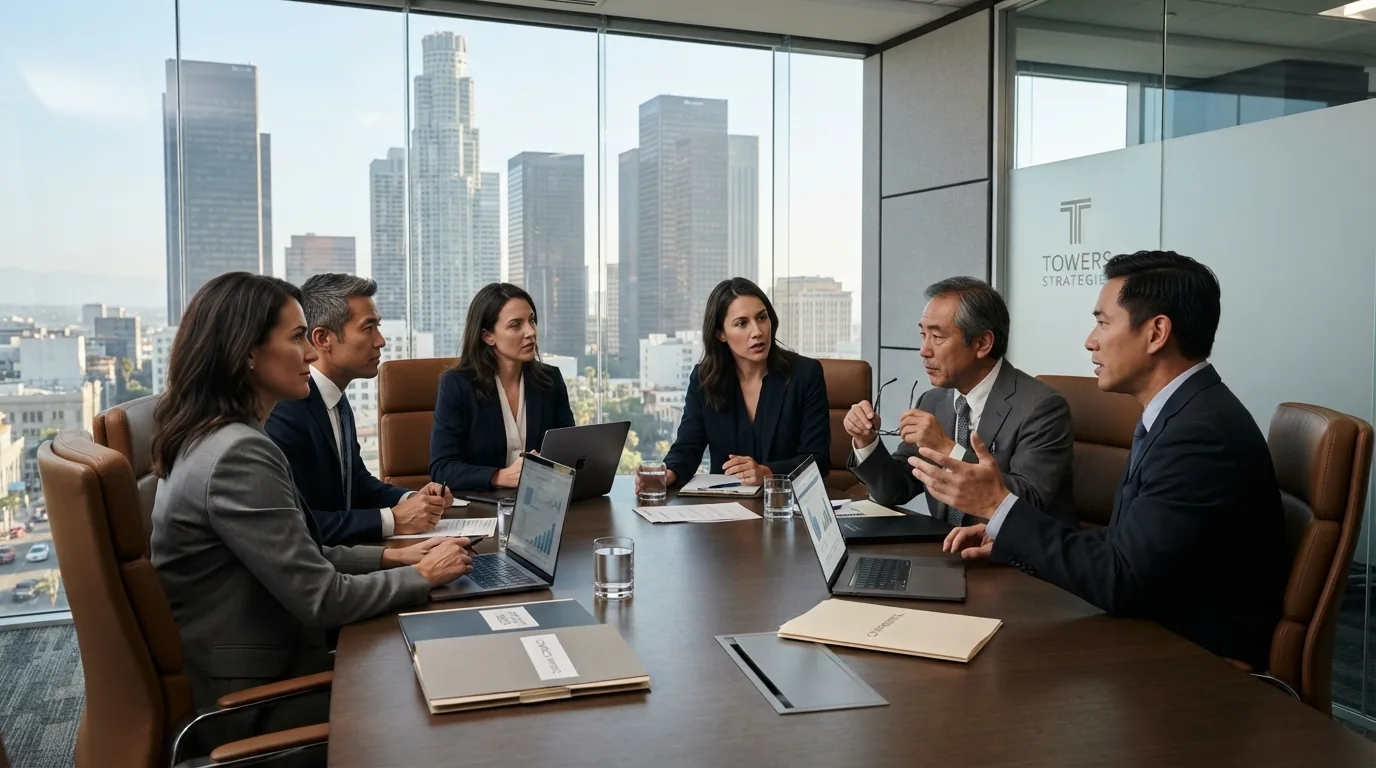 Executives and an interpreter around a boardroom table in a downtown Los Angeles high-rise, city skyline visible through the window