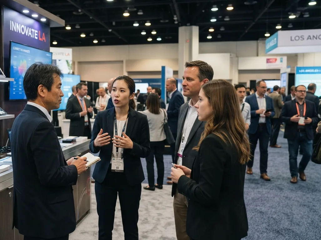 Interpreter facilitating a conversation between exhibitors and attendees at a Los Angeles trade show booth