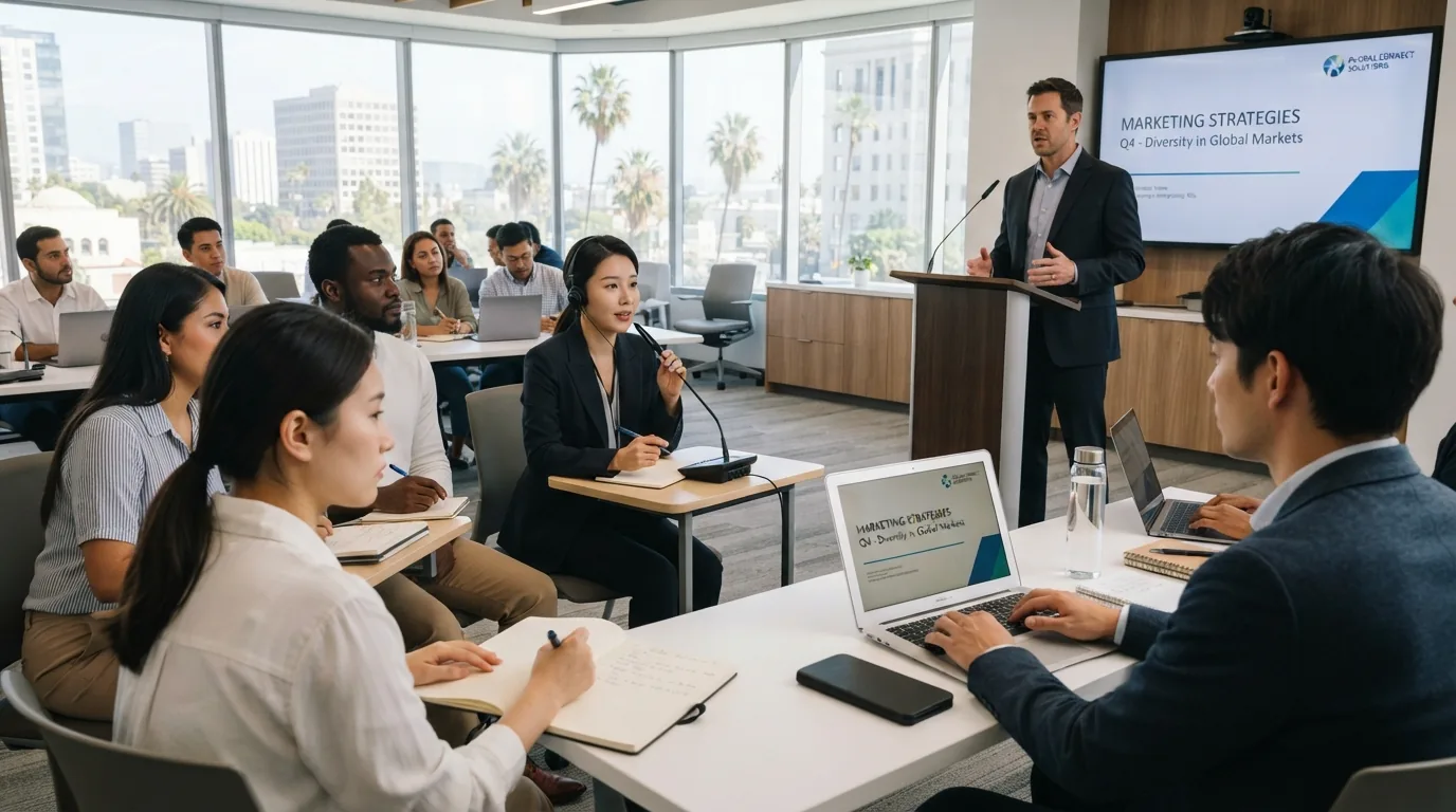 Interpreter speaking into a microphone during a corporate training session in a Los Angeles office while employees take notes