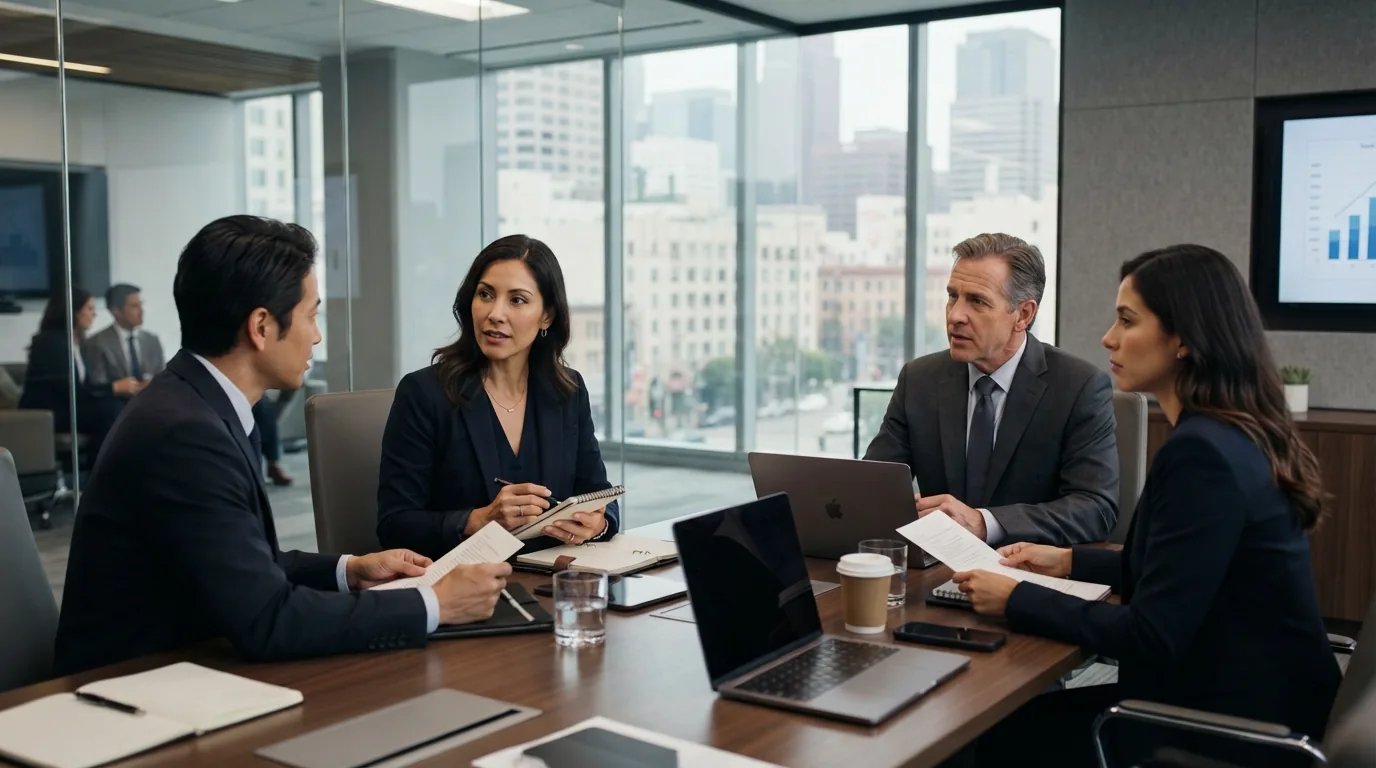 Corporate interpreter and executives in a Los Angeles conference room with the downtown skyline behind them