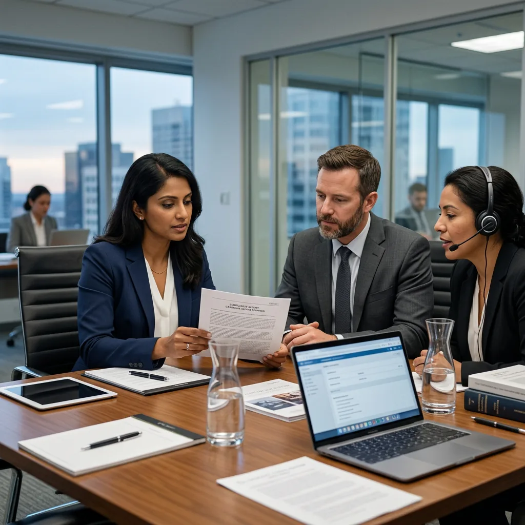 Court-certified interpreter wearing a professional headset providing simultaneous legal interpreting services during a multilingual attorney-client consultation, illustrating language access law compliance, Title VI enforcement, and FCC Multilingual Alerts Order requirements for legal professionals.