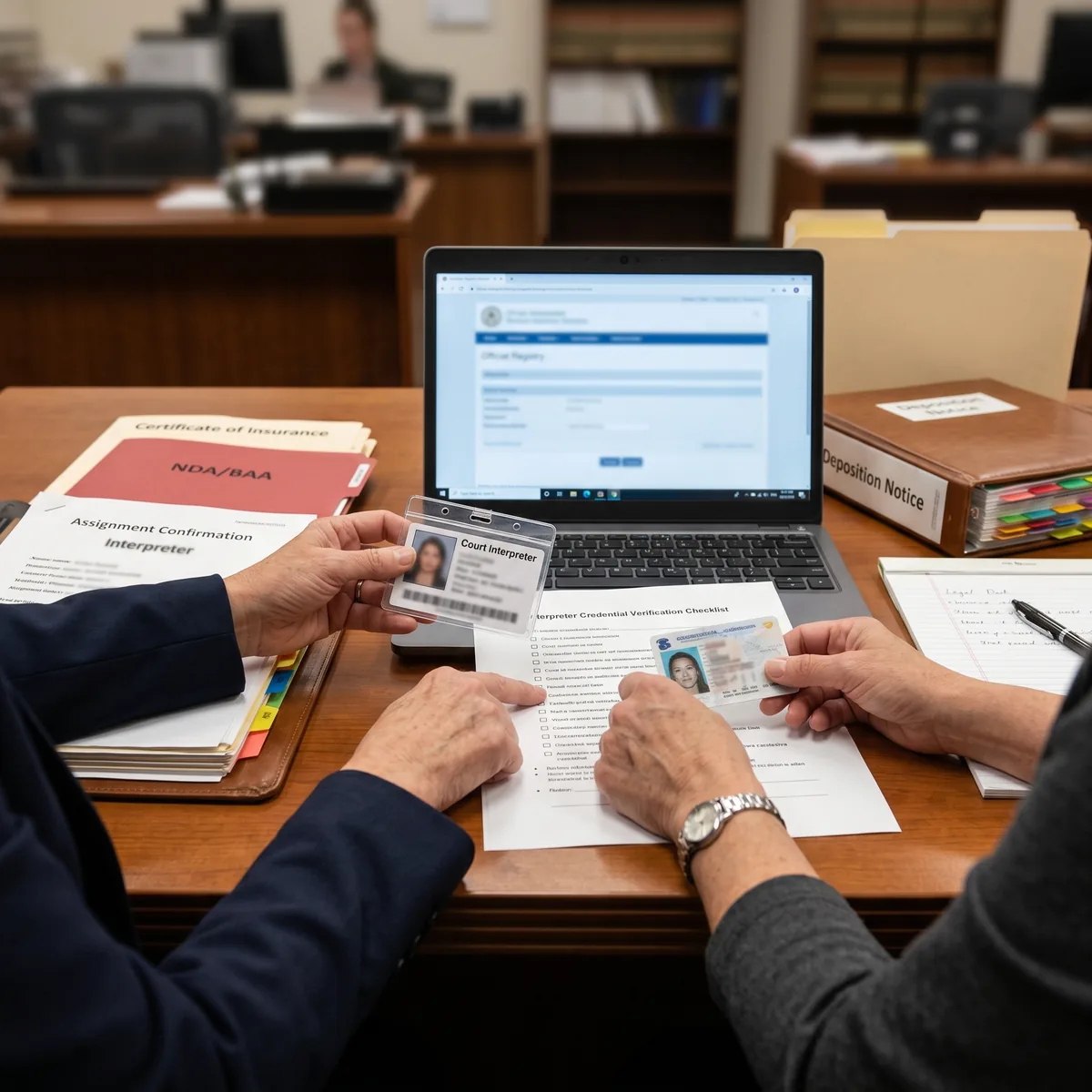 Senior litigation paralegal reviewing court-certified interpreter credential documentation at a downtown Los Angeles law firm vendor onboarding meeting