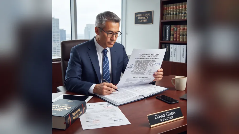 Patent attorney reviewing certified Japanese-to-English patent translation for PCT filing at corporate intellectual property law firm