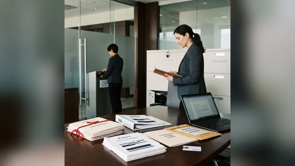 In-house general counsel reviewing confidential cross-border M&A document translation at corporate headquarters with translation services vendor