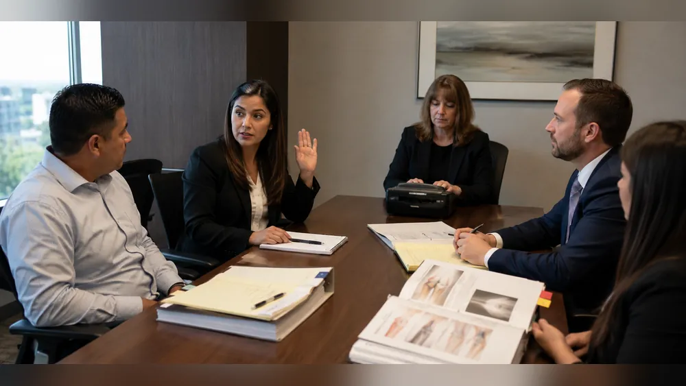 California court-certified interpreter conferring with defense counsel before withdrawing from a specialized-terminology deposition at Los Angeles Superior Court