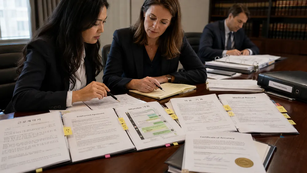 Attorneys reviewing Korean exhibits with English translations and a certificate of accuracy before a trial exhibit list