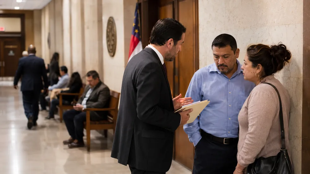 Attorney speaking with clients in a North Carolina courthouse hallway while others wait for their hearings