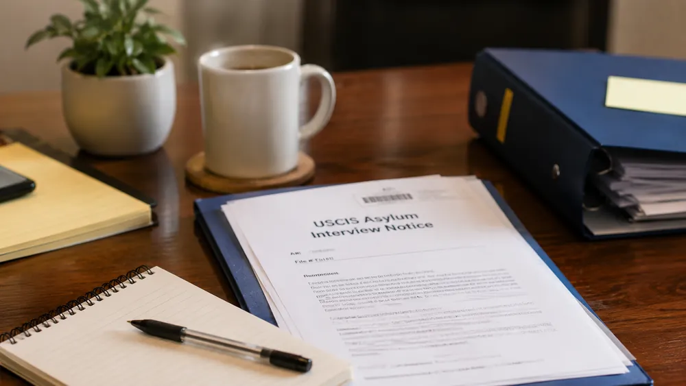 USCIS asylum interview notice on an attorney desk with a case binder, legal pad, and coffee