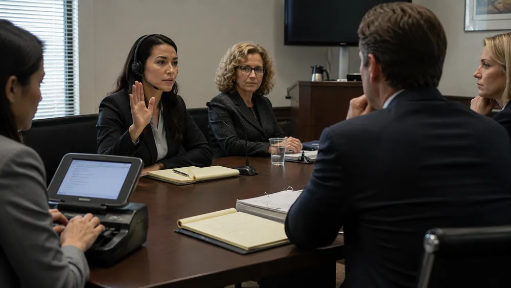 Court interpreter raising a hand to interrupt during a deposition while the court reporter and counsel pause