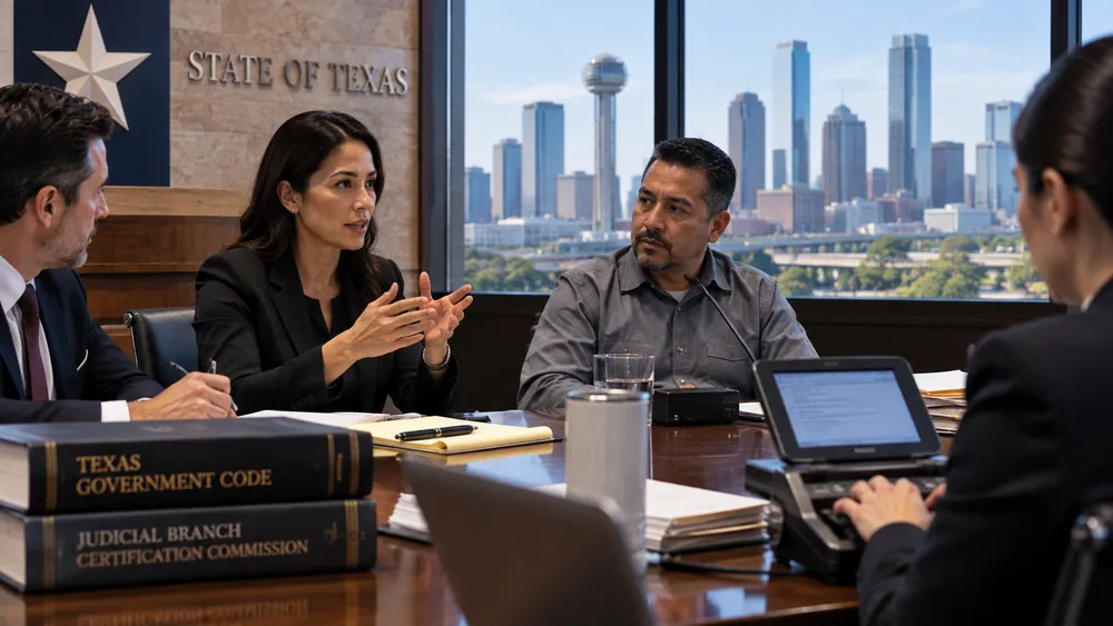 Interpreter, counsel and deponent at a Dallas deposition with a court reporter and Texas Government Code volumes