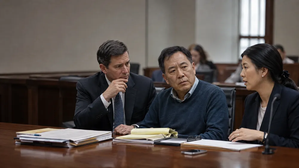 Defense attorney, Chinese-speaking client, and court interpreter seated together at counsel table during a hearing